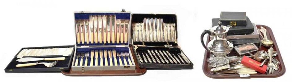 A collection of silver and silver plated flatware, the silver...