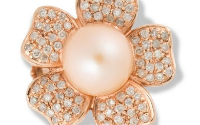 A cultured pearl, diamond and fourteen karat rose gold