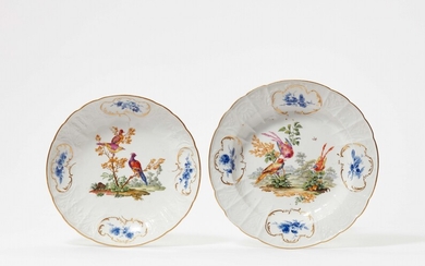 A deep dish and a round bowl from a dinner service with mythological birds