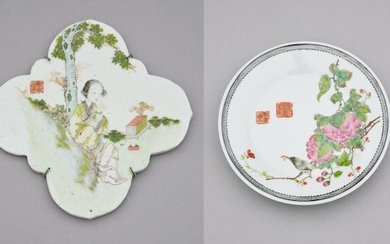 A famille-rose rhombus 'lady' plaque and a 'bird and flower' plate