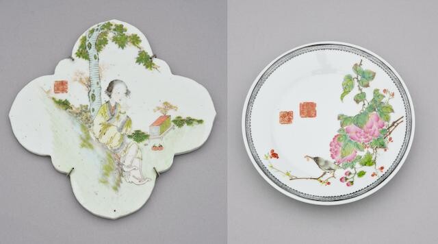 A famille-rose rhombus 'lady' plaque and a 'bird and flower' plate
