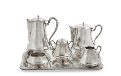 A five piece modernist Mexican sterling silver tea and coffee service with tray
