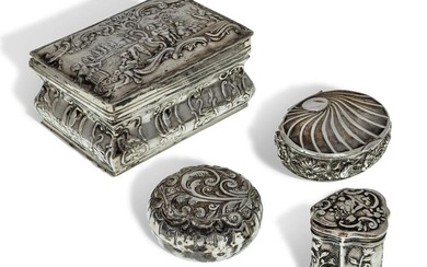 A group of small Continental and English silver boxes comprising: a repousse rectangular trinket box, possibly German, 18th century, with unidentified marks to lip, decorated with farming and river scenes to lid, the sides decorated with bears...