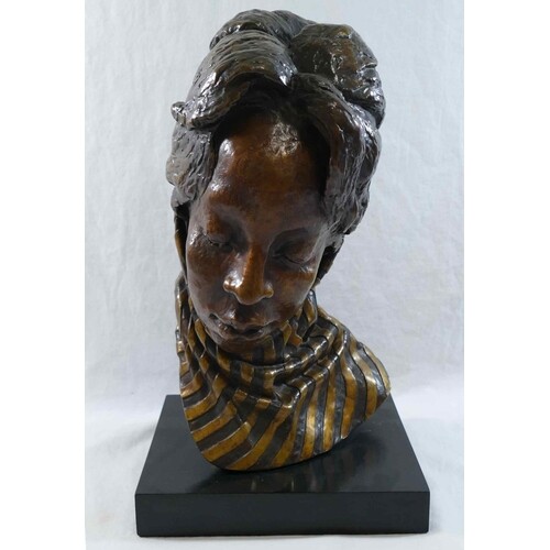A head study of an African lady wearing a scarf, bronze with...