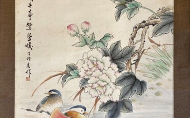 A ink on rice paper painting of two mandarin...