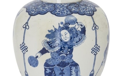A large Chinese blue and white jar, late 19th century, painted with four immortals beneath a ruyi lappet border suspending 'endless knots', apocryphal four character Kangxi mark to base, 25cm high 十九世紀晚期 青花繪仙人像罐 「康熙年製」寄託款