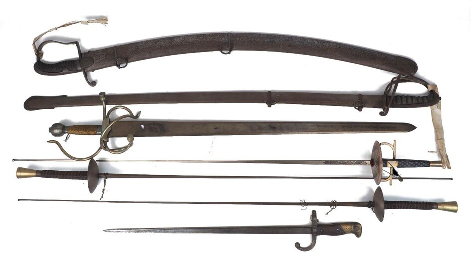 A large quantity of collectible swords, models, and toys, of military interest, to include: a cavalry trooper's sword, 19th century, slightly curved blade and Gothic hilt, with scabbard, the blade 89.5cm long, with various other sabres, rapiers...