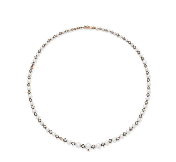 A late 19th century natural pearl and diamond necklace, French