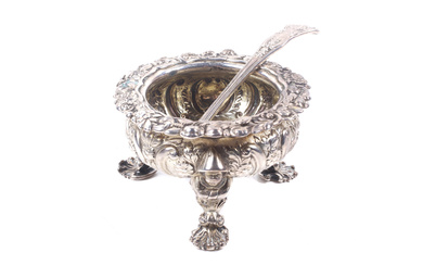 A late George III chased and embossed silver cauldron shaped salt.