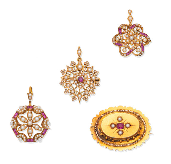 A mid 19th century seed pearl and ruby pendant and three early 20th century seed pearl and ruby brooches/pendants
