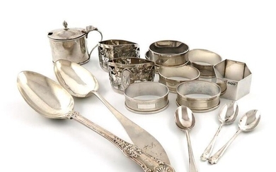 A mixed lot of silver items, various dates and makers, comprising: a set of six napkin rings, by Henry Griffith & Sons Ltd, Birmingham 1947/48, oval form, engine-turned decoration, plus two pierced napkin rings, and a single napkin rings, a mustard...