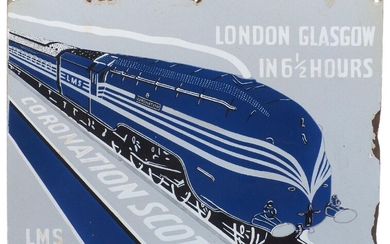 A modern reproduction enamel advertising sign for the London Midland and Scottish Railway 'Coronation Scot' express passenger train, 'Coronation Scot: London Glasgow in 6 ½ hours', designed in blue, silver and white colour ways in imitation of the...