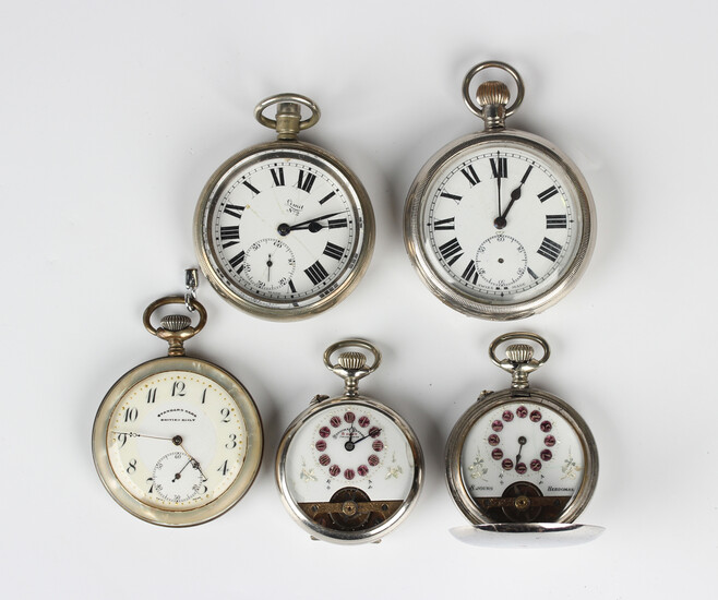 A mother-of-pearl mounted base metal cased keyless wind gentleman's pocket watch, the two colou