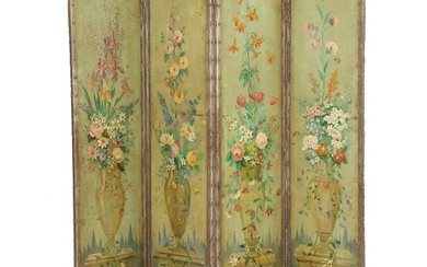 A painted English screen. Late 19th century. H. 168 cm. W. 168 cm. D. 2/8 cm.