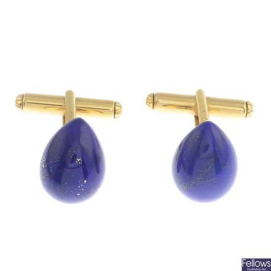 A pair of 18ct gold lapis lazuli cufflinks.Hallmarks