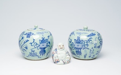 A pair of Chinese blue and white celadon ground 'antiquities' ginger jars and a famille rose figure