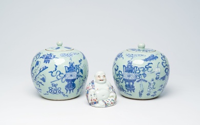 A pair of Chinese blue and white celadon ground 'antiquities' ginger jars and a famille...