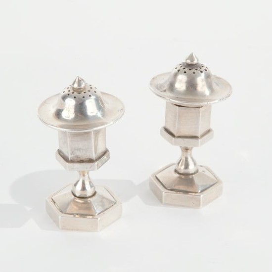 A pair of Chinese silver salt and pepper shakers