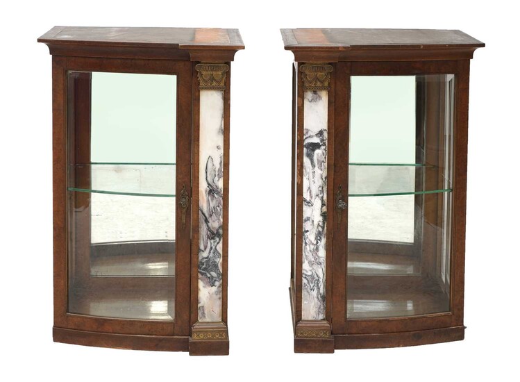 A pair of French burr-walnut and inlaid wall cabinets
