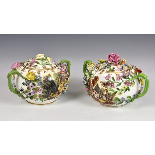 A pair of Minton porcelain flower-encrusted twin handled pot...