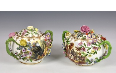 A pair of Minton porcelain flower-encrusted twin handled pot...