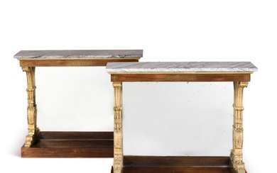 A pair of Regency rosewood, parcel-gilt and brass-inlaid console tables,...