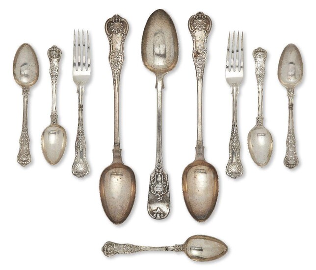 A pair of Scottish silver basting spoons, Glasgow, c.1859, John Murray or John Muir, of Queen's pattern design with M initial to terminals, together with a further basting spoon, London, c.1845, the decorative terminal with armorial to cartouche, a...