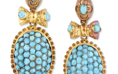A pair of Victorian Archaeological Revival gold and turquoise earrings,...
