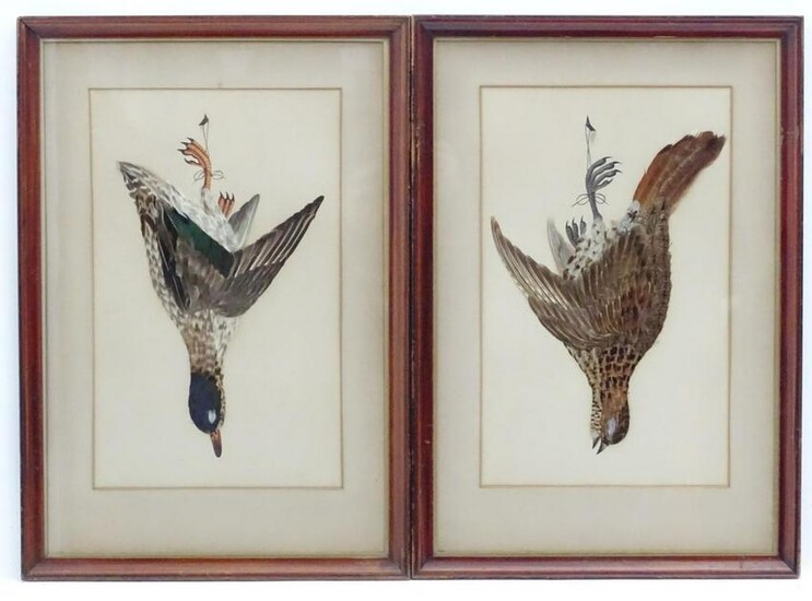 A pair of Victorian decoupage feather and painted bird
