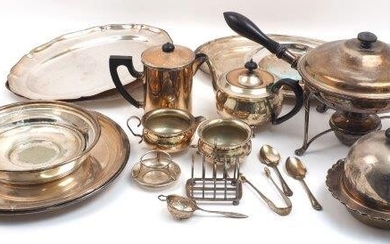 A pair of Victorian silver sugar nips, London, 1859, Chawner & Co., together with a small silver stand, 7.3cm dia,, and a small quantity of silver plate including a chafing dish and stand; several serving platters and a three piece tea set...