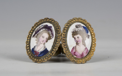 A pair of late 18th century enamel and gilt metal curtain tie backs, each decorated with a portrait