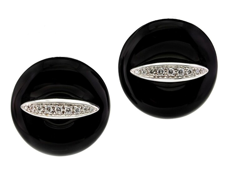A pair of onyx and diamond ear clips, Gavello, each designed as a circular onyx plaque centring on a line of brilliant-cut diamonds, one signed Gavello, Italian assay marks, clip fittings.