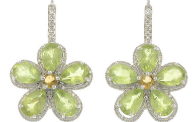A pair of peridot, diamond and gem-set floral earrings.