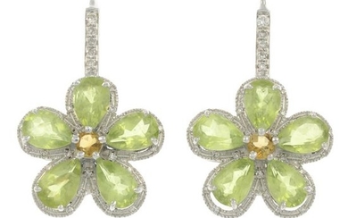 A pair of peridot, diamond and yellow gem...