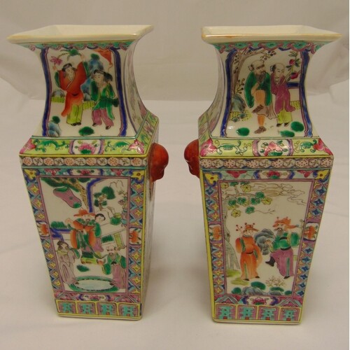 A pair of tapering rectangular Chinese vases decorated with ...