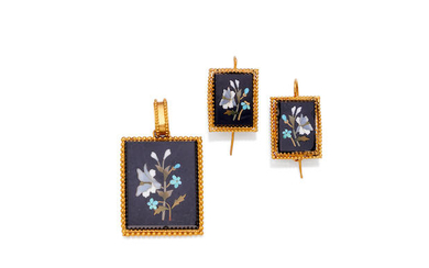 A pietra dura earring and pendant suite