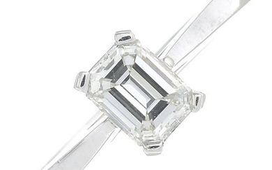 A platinum rectangular-cut diamond single-stone