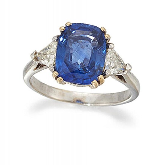 A sapphire and diamond three stone ring,...