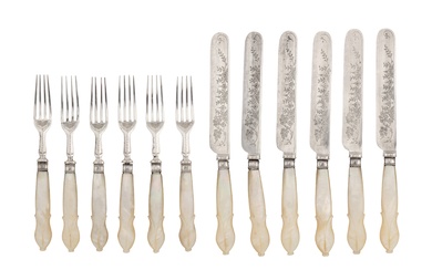 A set of Victorian sterling silver and mother of pearl fruit eaters, Sheffield 1862 by IRM