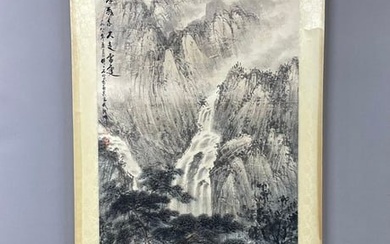 A vertical scroll of Chinese ink-on-paper landscape and figure painting by Fu Ershi