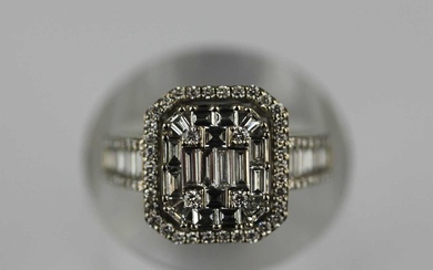 A white gold and diamond cut cornered rectangular cluster ring