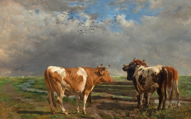 ALFRED JACQUES VERWEE(Sint-Joost-ten-Node 1838-1895 Schaarbeek)Vaches en train de paître près d'une rivière. Huile sur toile....