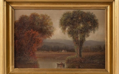 AMERICAN SCHOOL, Late 19th Century, Autumn lake landscape., Oil on board, 9" x 13". Framed 12" x 16".