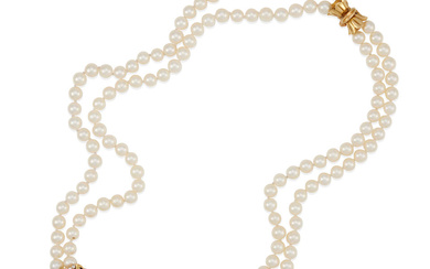 AN 18K GOLD, CULTURED PEARL ONYX AND DIAMOND NECKLACE