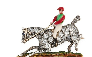 AN ANTIQUE DIAMOND AND ENAMEL STEEPLECHASE BROOCH in