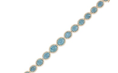 AN AQUAMARINE AND DIAMOND BRACELET set with a row of of oval cabochon aquamarines in orders of round