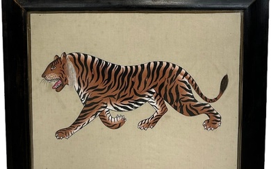 AN INDIAN PAINTING ON SILK DEPICTING A BENGAL TIGER...