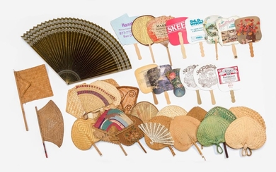 APPROX. THIRTY-SEVEN FANS Includes 21 woven grass fixed hand fans, 14 mostly paper and wood fixed hand fans and others. Notable exam...