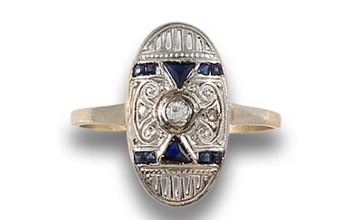 ART DECO COCKTAIL RING IN GOLD AND PLATINUM WITH DIAMONDS AND SAPPHIRES