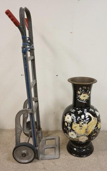 ASIAN BRASS FLOOR VASE. BLACK LACQUER AND MOP INLAY